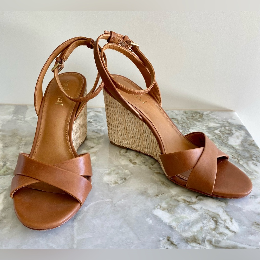 J. McLaughlin Leeann Wedge Sandals Leather Raffia 7 1/2